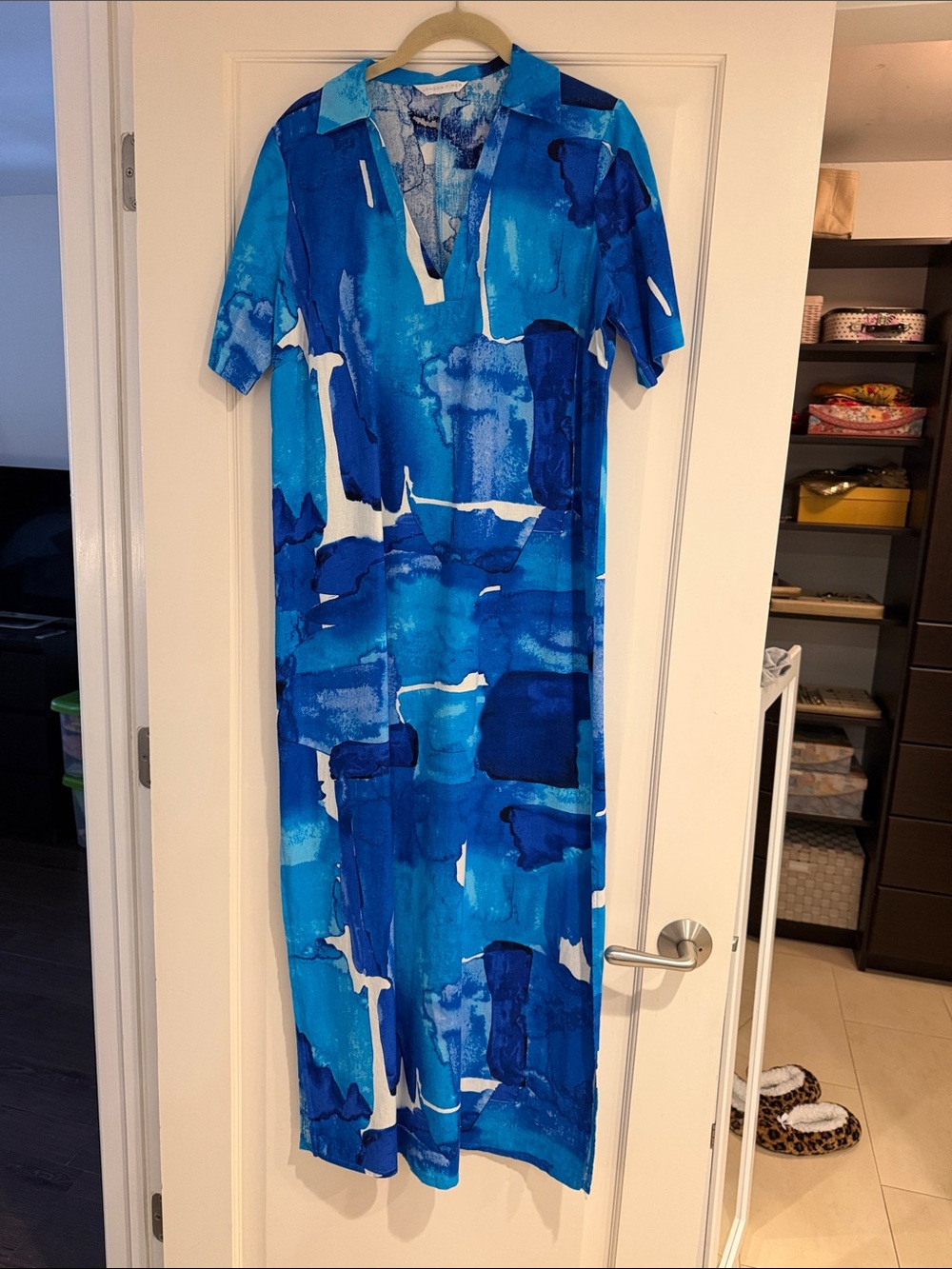 London Times Blue Abstract Print Polo-Style Maxi Dress